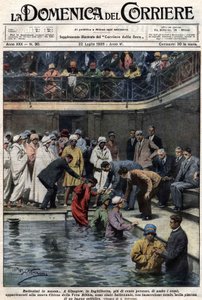 Massen-Taufen: In Glasgow, Schottland, wurden mehr als hundert Menschen, Mitglieder der neuen True Bible Church, im städtischen Schwimmbad getauft. Illustration von Beltrame. La Domenica del Corriere. 22/07/1928. von Achille Beltrame