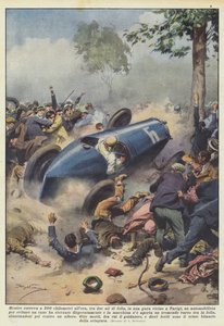Während er mit 200 Kilometern pro Stunde zwischen zwei Menschenmengen in einem Rennen in der Nähe von Paris fuhr von Achille Beltrame