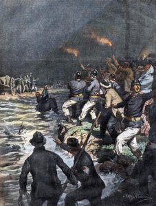 Wunderbare Rettung von Fuhrleuten, die auf einer Insel im Fluss Serio bei Bergamo blockiert waren - Illustration von Beltrame in „La Domenica del Corriere“ 10/1909 von Achille Beltrame