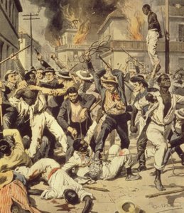 Mob jagt Schwarze in Springfield, Illinois, Achille Beltrame, aus La Domenica del Corriere, August 1908 von Achille Beltrame