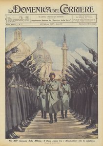 Am XIV. Jahrestag der Miliz, der Duce geht zwischen den Musketieren, die ihn grüßen von Achille Beltrame