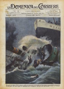 Im Hafen von New York, aufgrund des Nebels, rammte ein Dampfer einen Schlepper und zerbrach ihn... von Achille Beltrame