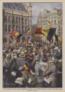 Auf dem Großen Platz in Brüssel jubelt und trauert das Volk über die belgischen Siege über die Deutschen und den Fall von Lüttich