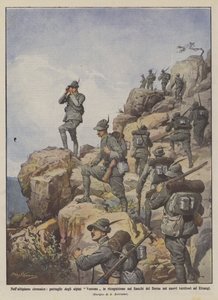 Auf dem Hochplateau von Cyrenaika, Patrouillen der Alpini Vestone bei der Erkundung der Hänge von Derna von Achille Beltrame