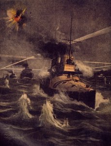 Unsere Torpedoboote wagen einen Vorstoß in die Dardanellen unter feindlichem Beschuss, Illustration von Achille Beltrame aus La Domenica del Corriere