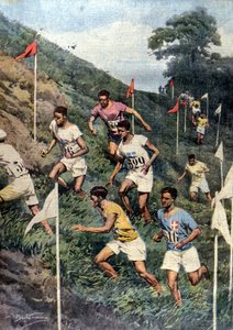 Olympische Spiele in Paris: Geländelauf mit natürlichen Hindernissen (Illustration von Beltrame, La Domenica del Corriere) von Achille Beltrame