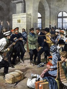 Passagiere wurden an einem Bahnhof in Europa von Räubern überfallen und im Warteraum ausgeraubt. Ill. von Beltrame. La Domenica del Corriere. 07/1909 von Achille Beltrame
