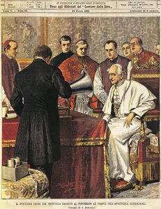 Papst Leo XIII. liest Benediktion in ein Grammophon von Achille Beltrame