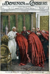 Papst Pius X empfängt die Kardinäle in seiner Bibliothek für den Neujahrswunsch. Titelblatt der Domenica del Corriere vom 4. Januar von Achille Beltrame