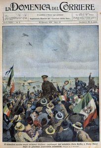 Porto Natal: die triumphale Ankunft italienischer Flieger unter der Leitung von Minister Italo Balbo nach der Atlantiküberquerung - Zeichnung von A. Beltrame in „la Domenica del Corriere“ vom 25.01.1931 von Achille Beltrame