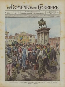Bruch der Wasserleitung in Venedig, die Leute eilen, um Wasser aus importierten Brunnen und Springbrunnen zu holen von Achille Beltrame