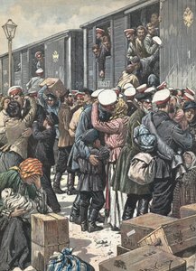 Russland. Abreise der Reservisten. Illustriert von Antonio Beltrame. La Domenica del Corriere. 9. Oktober von Achille Beltrame