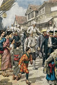 Russisch-Japanischer Krieg (1904-1905). Ankunft der ersten Verletzten der Schlacht von Ya-Lu (Februar 1904) in Tokio. Bild von Achille Beltrame für „La Domenica del Corriere“. Radierung.
