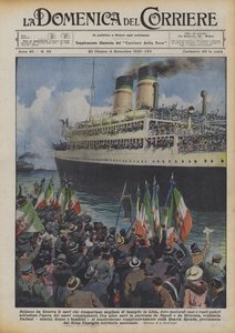 Schiffe, die Tausende von Familien nach Libyen transportieren, segeln von Genua ab, wo moderne Häuser und weite von Achille Beltrame