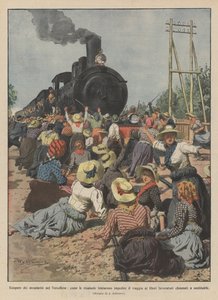 Streik der Reisarbeiterinnen im Vercellese, wie die Reisarbeiterinnen versuchten, die Reise der freien Arbeiter zu verhindern von Achille Beltrame
