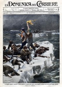 Robbenjäger, von denen einige starben, blieben auf dem treibenden Eis des Ozeans gestrandet. Ill. von Beltrame. „La Domenica del Corriere“. 12-19/04/1914. von Achille Beltrame