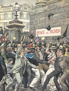 Zweiter Burenkrieg. Bekanntgabe des Kriegsendes auf den Straßen Londons. Illustration von Antonio Beltrame. „La Domenica del Corriere“
