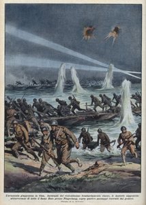 Zweiter Chinesisch-Japanischer Krieg (1937-1945): „Die japanische Armee überquert den Huto-Fluss in der Nähe von Pingshang unter chinesischem Bombardement.“ Illustration von Achille Beltrame aus „La domenica del corriere“ vom 17.10.1937.