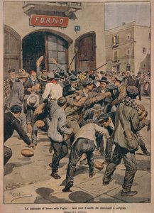Schwere Arbeitskräftemangel in Apulien, Öfen werden von Cerignolas Arbeitslosen gestürmt, von Achille Beltrame, Illustration, Illustrator Achille Beltrame (1871-1945), aus La Domenica del Corriere, 20. Dezember 1908