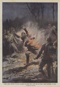 Deutscher Soldat, der Brandmaterialien trägt, fängt Feuer und brennt wie eine Fackel und flieht von Achille Beltrame