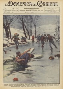 Über einem zugefrorenen Bach bei Biella schlitterte eine Gruppe von Jungen fröhlich von Achille Beltrame