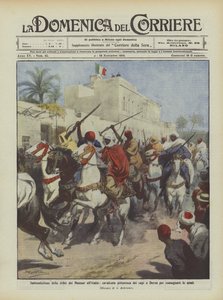 Unterwerfung des Stammes der Mansur an Italien, malerischer Ritt der Anführer in Derna zur Waffenübergabe von Achille Beltrame
