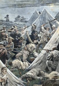 Südafrika. Zweiter Burenkrieg. Angriff auf das englische Lager von Tweefontein (1902). Illustration von Achille Beltrame. Stich. von Achille Beltrame