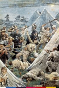 Südafrika. Zweiter Burenkrieg. Angriff auf das englische Lager von Tweefontein (1902). Illustration von Achille Beltrame. Stich. von Achille Beltrame