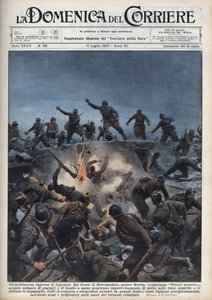Spanischer Bürgerkrieg: Eine Division italienischer Freiwilliger flieht vor der spanischen republikanischen Armee in der Region Mérida, Spanien. Illustration von Achille Beltrame in „La domenica del Corriere“ vom 11.07.1937. von Achille Beltrame