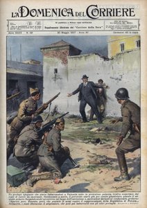 Spanischer Bürgerkrieg: Polnischer Diplomat, der bei der Einschiffung in Valencia nach Polen von republikanischen Truppen gefangen genommen wurde, entging dank der Intervention des polnischen Ministers Szumiakowski knapp der Hinrichtung. Illustration von A von Achille Beltrame