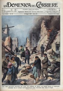 Spanischer Bürgerkrieg: Blick auf die Ruinen der Stadt Eibar im Baskenland, verwüstet von den Roten. Illustration von Achille Beltrame in 