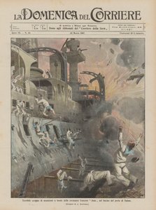 Schreckliche Explosion von Munition an Bord des französischen Schlachtschiffs Jena im Hafenbecken von Toulon von Achille Beltrame