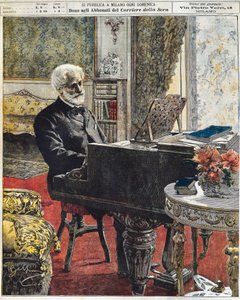 Der italienische Komponist Giuseppe Verdi in seinem Arbeitszimmer, Platte von Achille Beltrame (1871-1945), La Domenica del Corriere, 8. Oktober