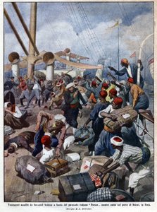 Der italienische Liner „Perseo“ beim Einlaufen in den Hafen von Beirut in Syrien wird von Seeräubern gestürmt - in „La Domenica del Corriere“ 07/1913. Illustration von Beltrame