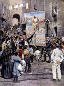 Die Poesie des Krieges: Die neuesten populären Lieder, inspiriert vom Libyenkrieg, werden in den Straßen von Neapel von Straßenkünstlern gesungen. Ill. von Beltrame. La Domenica del Corriere. 1912 von Achille Beltrame