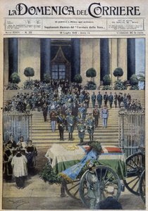 Der Segen der sterblichen Überreste des Herzogs von Aosta in Turin, nachdem der Trauerzug die ganze Stadt durchquert hatte - Zeichnung von A. Beltrame in „la Domenica del Corriere“ vom 19.07.1931 von Achille Beltrame