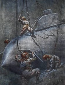 Die Katastrophe des französischen U-Boots „Pluviose“ im Jahr 1910. Die Taucher versuchen, die Ketten zu befestigen, um es hochzuziehen. Illustration von Achille Beltrame.