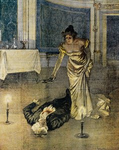 Der Tod von Scarpia am Ende des zweiten Aktes von Tosca von Giacomo Puccini, Platte von Achille Beltrame, La Domenica del Corriere, 4. Februar