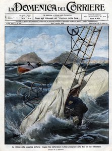 Das Drama der Luft: das tragische Ende des Fliegers Leblon, der in die Bucht von San Sebastian stürzte. Illustration von Beltrame. La Domenica del Corriere. 10-17/04/1910. von Achille Beltrame