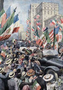 Der begeisterte Empfang des amerikanischen Volkes für Ferdinand de Savoy, Herzog von Genua und Prinz von Udine (1884 - 1963), als er in Boston ankam. Ill. von Beltrame. La Domenica del Corriere. 06/1917. von Achille Beltrame