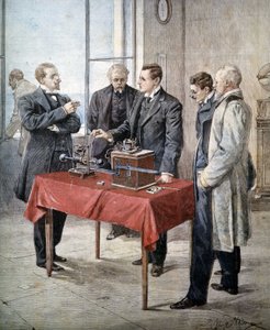 Die Experimente von Guglielmo Marconi (1874 - 1937) im Jahr 1899: Drahtlose Telegrafie über den Kanal. Illustration von Achille Beltrame in „Domenica del Corriere“