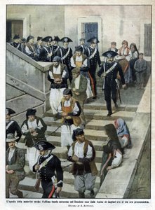 Die letzte Bande sardischer Verbrecher, als sie das Schwurgericht in Cagliari verlassen, wo der Prozess stattfindet. Illustration von Beltrame. La Domenica del Corriere. 07/1913.