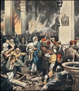Die Massaker an den Armeniern in der Türkei 1909 in Adana, Illustration von Achilles Beltrame (1871-1945) in „La Domenica del Corriere“ von Mai 1909