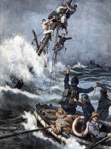 Das Rettungsteam brachte die Seeleute eines gestrandeten Dampfers nach 40 Stunden sicher zurück, nachdem sie auf den Masten des sinkenden Schiffes saßen. Ill. von Beltrame. La Domenica del Corriere. 08/1909.
