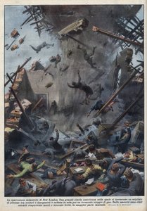 Die Tragödie einer Schulexplosion in New London, Texas, verursacht durch ein Gasleck am 18. März. Illustration von Achille Beltrame in „La domenica del Corriere“ vom 04.04.1937.