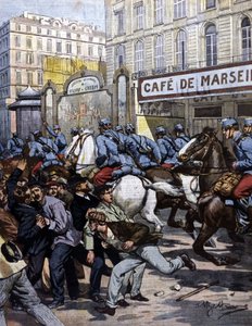 Die Arbeiterstreiks in Marseille: Die Husaren greifen auf der Canebière an. Illustration von Beltrame. La Domenica del Corriere. 1901
