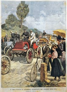 Tour durch Italien mit dem Auto, gesponsert von Corriere della Sera, Illustration von Achille Beltrame aus La Domenica del Corriere, 19. Mai
