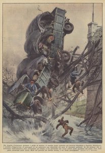 Unter dem Lärm zerbrechender Rüstungen und Schreien des Terrors stürzte die alte Brücke, die von der Regierung... von Achille Beltrame