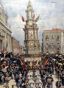 Traditionelles sizilianisches Fest: Ein Wagen wird in einer Prozession nach Casteltermini (Girgenti) geführt. Ill. von Beltrame. La Domenica del Corriere. 1904