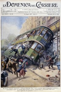 Straßenbahnunfall in Glasgow, Schottland: Ein Wagen kippte auf eine Porzellanauslage und auf Passanten - Zeichnung von A. Beltrame, in „La Domenica del Corriere“ vom 1. Februar 1931